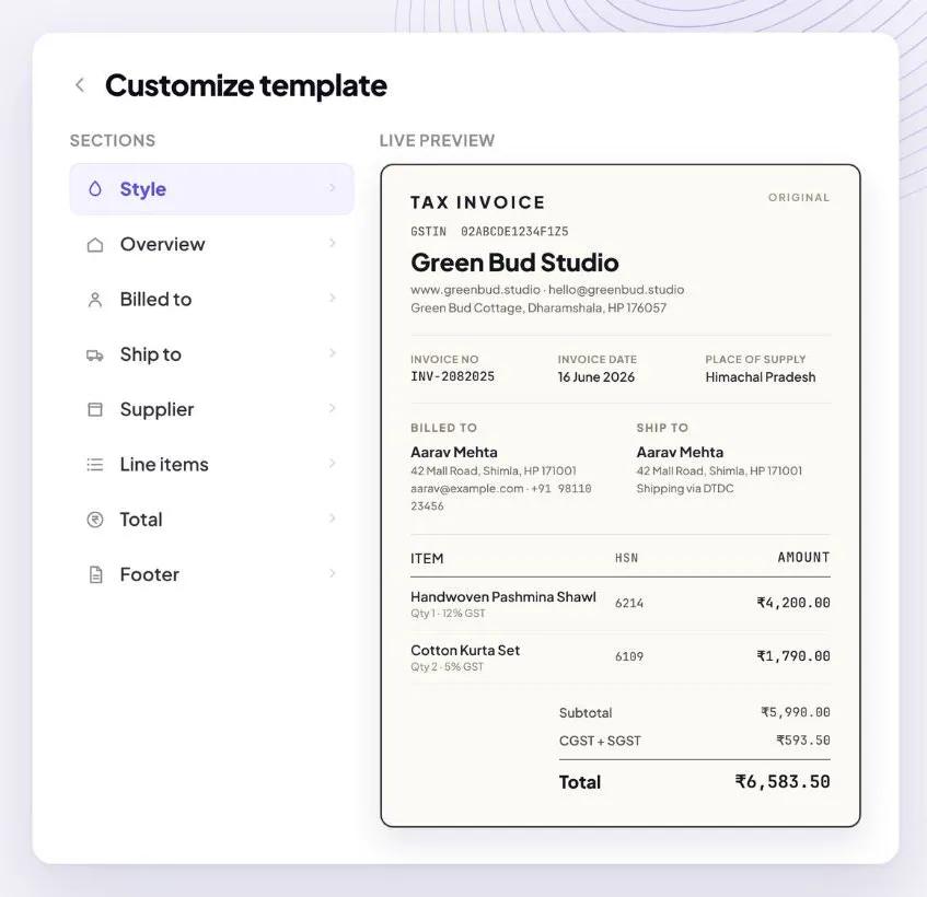 Template editor with a live preview of a tax invoice for Green Bud Studio in Dharamshala
