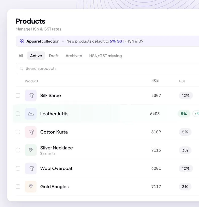 Products screen in GST Invoices India showing HSN codes and GST rates for items like a silk saree, leather juttis and a cotton kurta