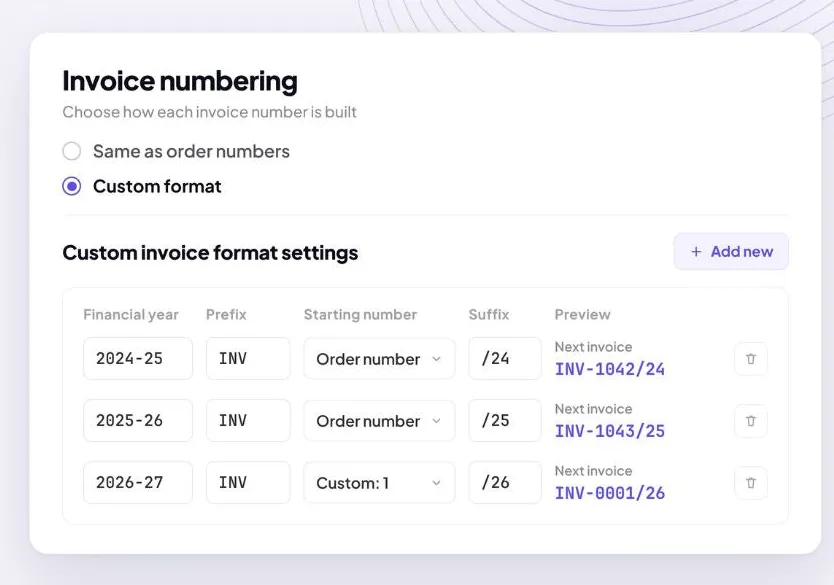 Invoice numbering settings with a separate prefix, starting number and suffix for financial years 2024-25, 2025-26 and 2026-27