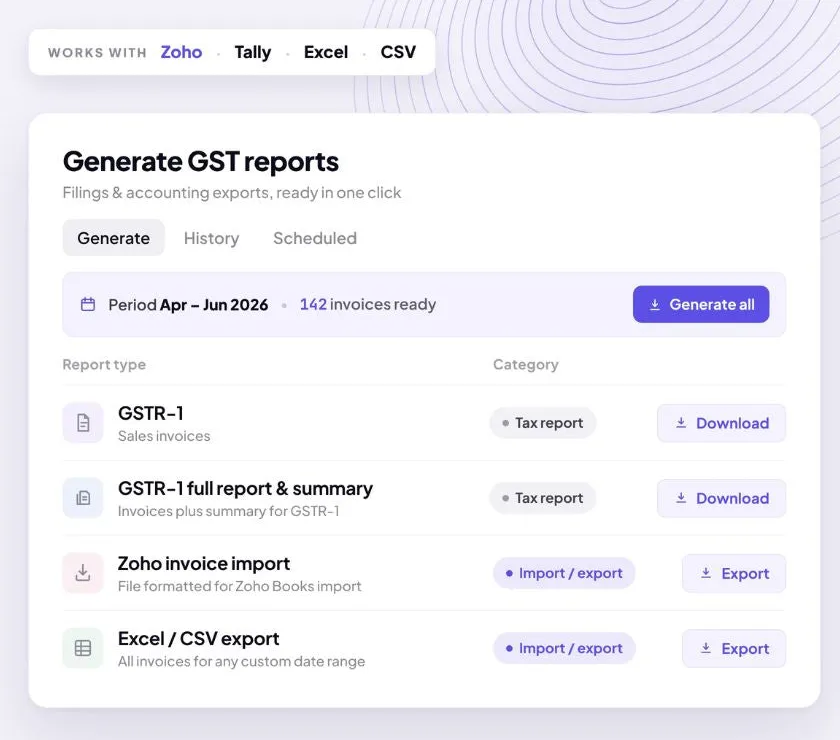 Generate GST reports screen with GSTR-1, GSTR-1 full report and summary, Zoho invoice import and Excel/CSV export