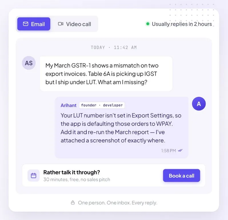 Support conversation where the founder answers a merchant’s GSTR-1 question about export invoices under LUT